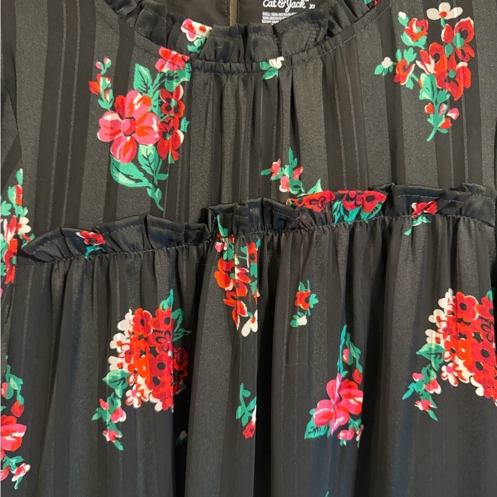 Cat & Jack Black Floral Babydoll Tiered Dress Girls XL (14) Puff Sleeve Boho - Picture 5 of 6